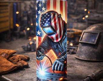 May include: A stainless steel tumbler featuring a welder design with an American flag motif. The tumbler has the text "Proudly Built for Welders" and "FAST SHIPPING!" The design includes a welder in action, with sparks and a blue light.