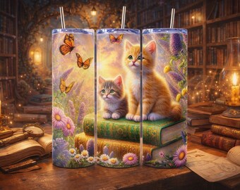 Cat Book Tumbler, Butterfly Cat Insulated Cup, Fantasy Cat Lover Gift, Book Lover Stainless Steel Tumbler, Floral Cat Art Cup