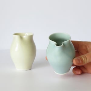 Milk Jug. Small milk pourer. Porcelain hand thrown milk jug, green small milk jug, milk just for a tea set. porcelain creamer