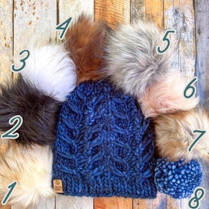 handmade custom 100% merino wool beanie removable faux fur pom luxury wool chunky knit cable hat Ethically sourced wool toque ships 1-3 days