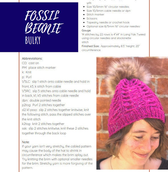 Easy Cable Pattern Knitting Hat Pattern Hat Dinosaur-inspired Pattern ...