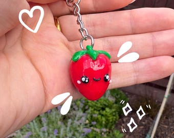 Strawberry Keyring Charm, Kawaii Fruit Keychain, Handmade Polymer Clay Bag Jewellery