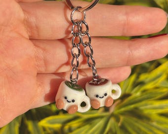 Matcha & Kaffeetasse Schlüsselanhänger, Polymer Clay Kawaii Handgemacht Taschenanhänger