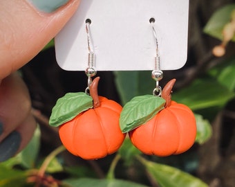 Pumpkin earrings, Polymer clay earrings, Sterling silver hooks, Halloween novelty earrings