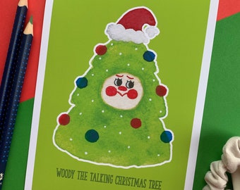 Art Print Illustration - 5x7 Woody the Talking Christmas Tree Watercolour Print