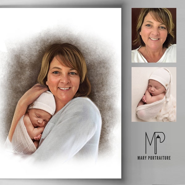 For her, Custom Colored Portrait (Combining different pictures together, Merging photos of loved ones, Memorial Gift) hand-drawn