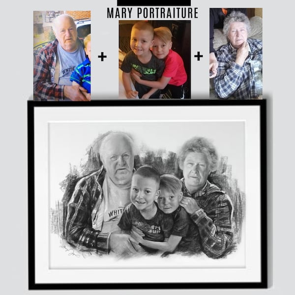 Custom Charcoal Portrait (Combining different pictures together, Merging photos of loved ones, Memorial Gift) hand-drawn