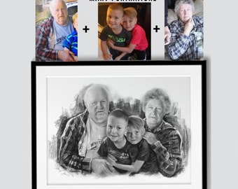 Custom Charcoal Portrait (Combining different pictures together, Merging photos of loved ones, Memorial Gift) hand-drawn