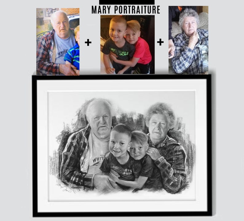 Custom Charcoal Portrait (Combining different pictures together, Merging photos of loved ones, Memorial Gift) hand-drawn