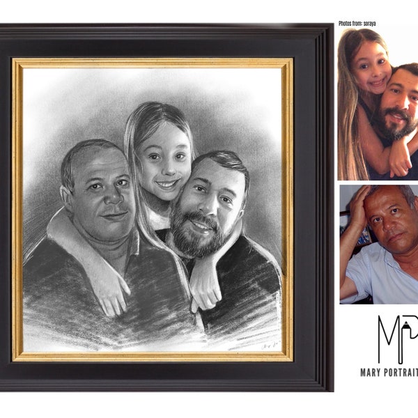 Hand Drawn Charcoal Portrait, for loved ones, Special Gift (Combining different pictures together)