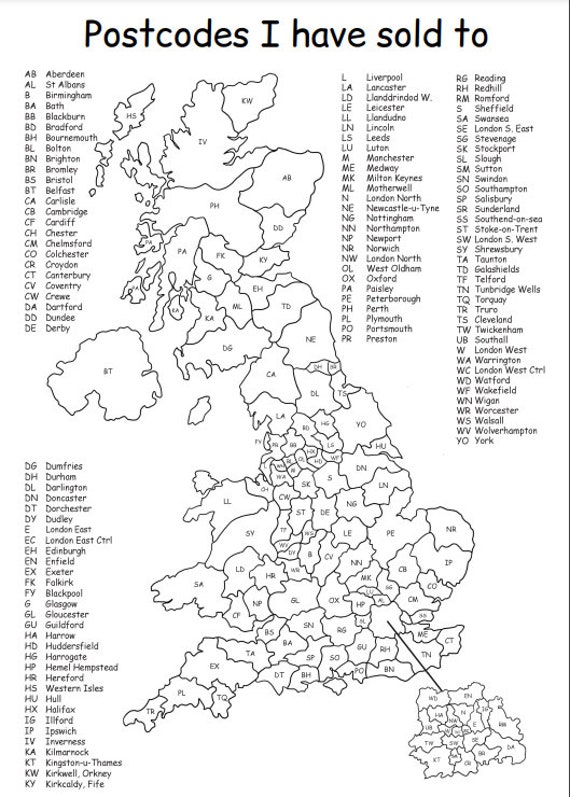 Uk Postcode Map Black And White A4 Uk Postcode Map Sales Tracker Postcodes I Have Sold To | Etsy
