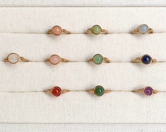 Gemstone gold wire wrapped rings; aesthetic jewelry; handmade boho rings; semi-precious stones