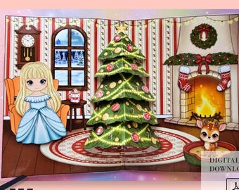 May include: A Christmas-themed pop-up card featuring a cartoon illustration of a room with a Christmas tree, fireplace, and a girl in a blue dress. The card has a digital download PDF icon.
