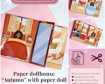 May include: A digital download paper dollhouse quiet book titled Autumn with a paper doll. The set includes illustrated scenes of a bedroom, bathroom, and kitchen with autumn decor, plus a PDF icon and scissors icon indicating printable pages.