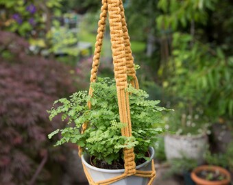 Handmade macrame plant hanger - Medium/Yellow, recycled cotton cord
