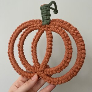 May include: A crocheted pumpkin decoration with a green stem. The pumpkin is made of orange yarn and has a three-dimensional shape.