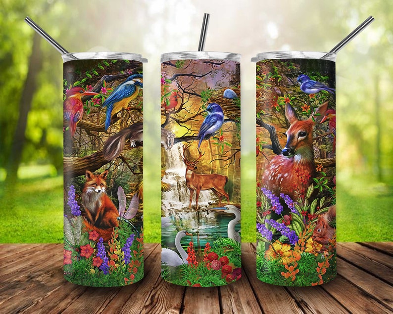 Colorful Forest Background Animals Bird Tumbler for - Etsy