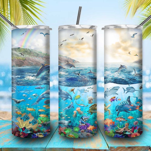 Ocean Fish Tumbler Dolphin Tumbler Sea Creature Tumbler For Sublimation Sea Animals Tumbler Underwater 20oz Skinny Straight Tumbler PNG File