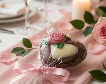 Heart Chocolate Lolly Wedding Favors with Pink Rose - Personalised Ribbon & Tag - Artisan Welsh Chocolate