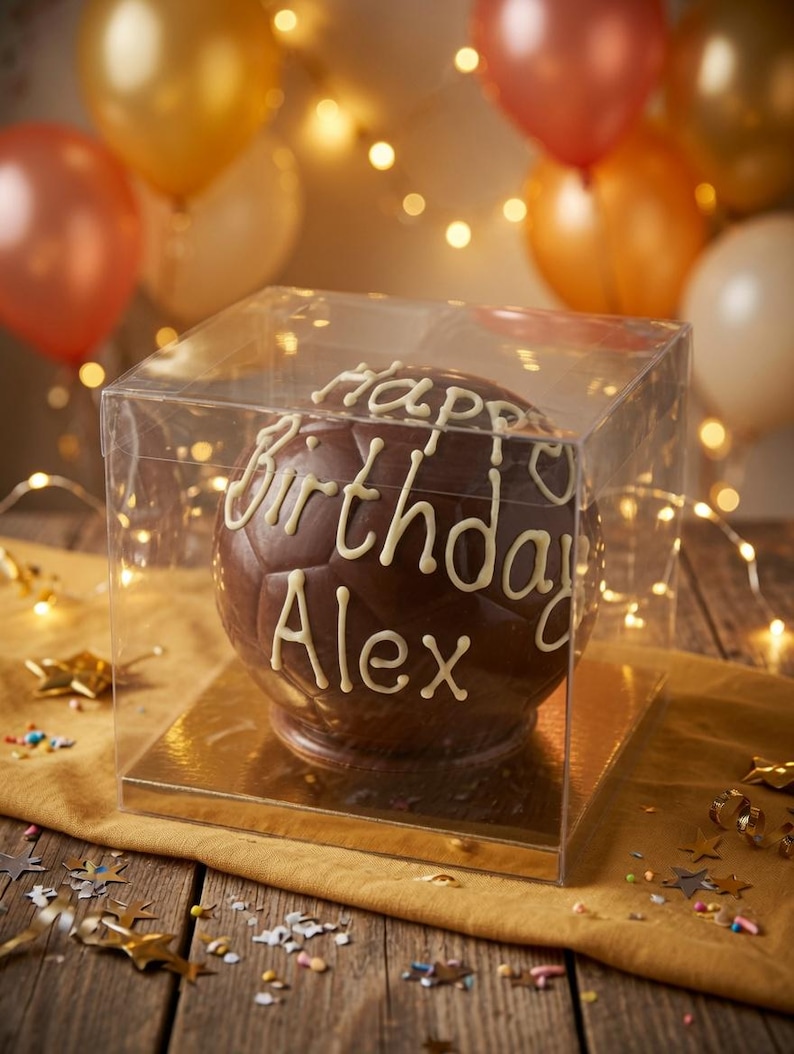 Op de afbeelding: Een bolvormige chocolade voetbal in een vierkante, doorzichtige plastic geschenkdoos. Het chocoladeoppervlak is voorzien van witte glazuurtekst Happy Birthday Alex en staat op een gouden vierkante ondergrond.