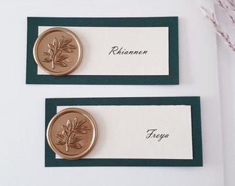 Place Name Tags with Wax Seal- Rustic Place Name Cards -Green and Cream Place Setting for Tables - Wedding Table Accessories