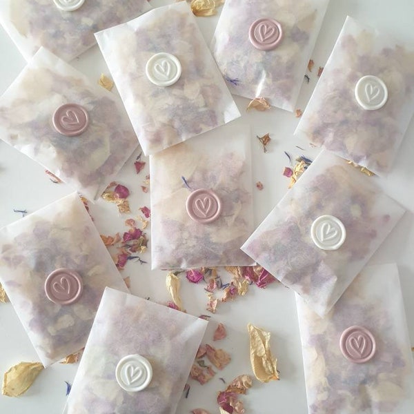 Biodegradable wedding confetti - Pink Petal Confetti with a wax seal heart  for eco friendly weddings- rose and cornflower- Filled