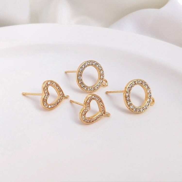 10psc Heart Gold Plated Cz Pave Earrings, Clover Cz Pave Ear