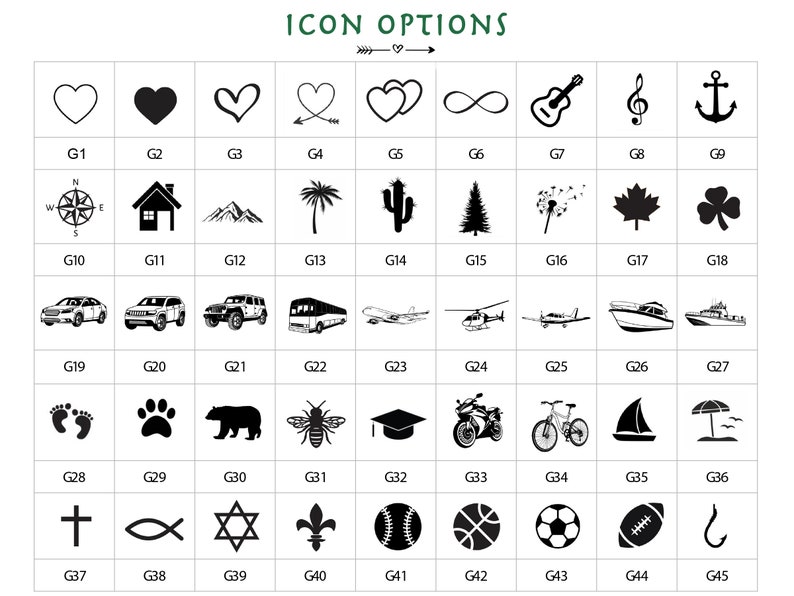 May include: A grid of 45 black and white icons representing various symbols, shapes, and objects. The icons are labeled with the letters G1 through G45.