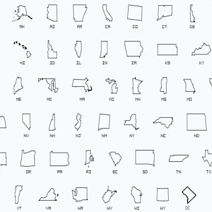 May include: A black and white outline map of the United States, showing the borders of each state.