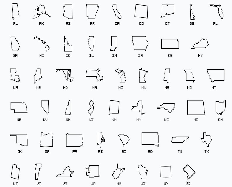 May include: A black and white outline map of the United States, showing the borders of each state.
