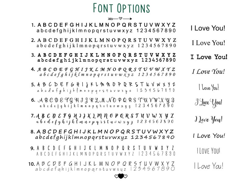 May include: Ten different font options for the phrase "I Love You!" are displayed. Each font style is shown in uppercase and lowercase letters, along with numbers 1 through 0.