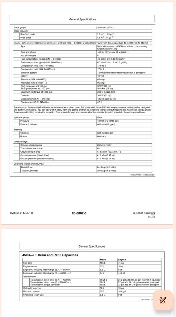 John Deere 450G, 455G, 550G, 555G, 650G Crawler Technical Manual