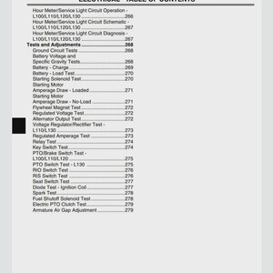 May include: A page from an electrical manual titled "ELECTRICAL TABLE OF CONTENTS". The table lists tests and adjustments, including battery, motor, and switch tests. The page is white with black text.