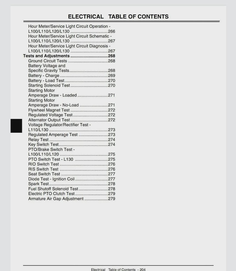 May include: A page from an electrical manual titled "ELECTRICAL TABLE OF CONTENTS". The table lists tests and adjustments, including battery, motor, and switch tests. The page is white with black text.