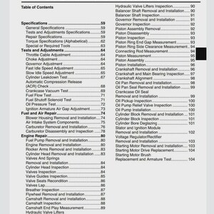 May include: A table of contents from an engine repair manual for a 17.5 HP Kohler engine. The document details specifications, tests, adjustments, and repair procedures for engine components.