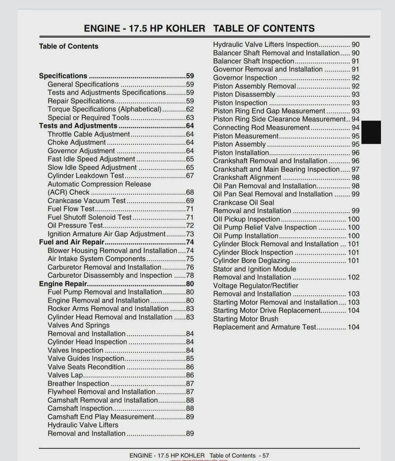 May include: A table of contents from an engine repair manual for a 17.5 HP Kohler engine. The document details specifications, tests, adjustments, and repair procedures for engine components.