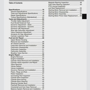 May include: A page from an engine repair manual, titled "ENGINE - 17 HP BRIGGS & STRATTON TABLE OF CONTENTS." The table lists specifications, tests, adjustments, fuel, air repair, and engine repair topics.