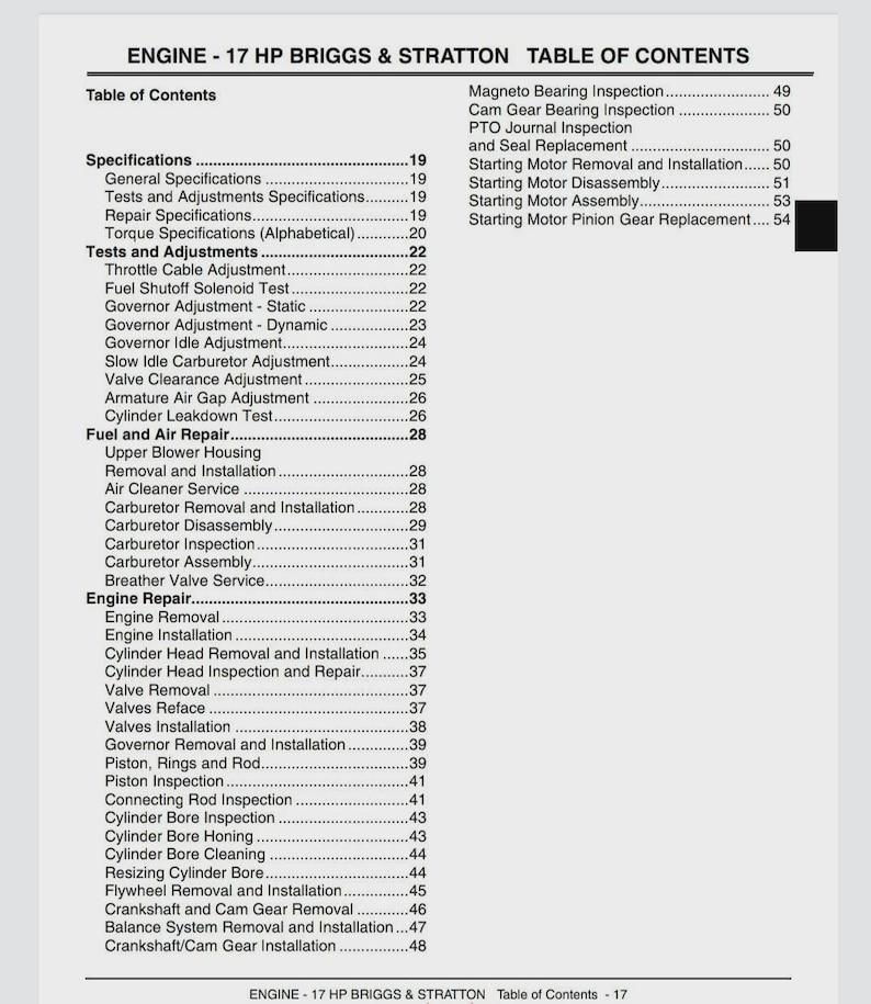 May include: A page from an engine repair manual, titled "ENGINE - 17 HP BRIGGS & STRATTON TABLE OF CONTENTS." The table lists specifications, tests, adjustments, fuel, air repair, and engine repair topics.