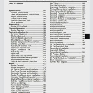 May include: A black and white printed page from an engine repair manual. The table of contents lists specifications, diagnostics, theory of operation, tests, adjustments, and repair procedures for a 23 HP Kohler engine.