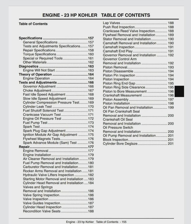 May include: A black and white printed page from an engine repair manual. The table of contents lists specifications, diagnostics, theory of operation, tests, adjustments, and repair procedures for a 23 HP Kohler engine.