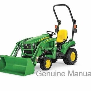 May include: A green John Deere compact utility tractor with a front loader and a roll bar. The tractor has a yellow seat and black wheels.