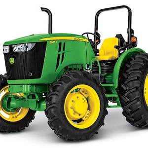 May include: A green and yellow John Deere 5085E tractor. The tractor has large black tires with yellow rims, a yellow seat, and a black roll bar. The front of the tractor has a black grill and headlights.