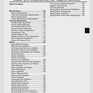 May include: A printed table of contents from an engine repair manual. The text lists various engine specifications, tests, adjustments, and repair procedures, including carburetor, cylinder, and valve maintenance. The title reads "ENGINE - 20 HP BRIGGS & STRATTON TABLE OF CONTENTS."