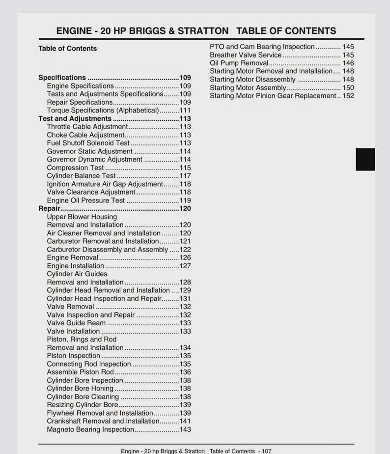 May include: A printed table of contents from an engine repair manual. The text lists various engine specifications, tests, adjustments, and repair procedures, including carburetor, cylinder, and valve maintenance. The title reads "ENGINE - 20 HP BRIGGS & STRATTON TABLE OF CONTENTS."