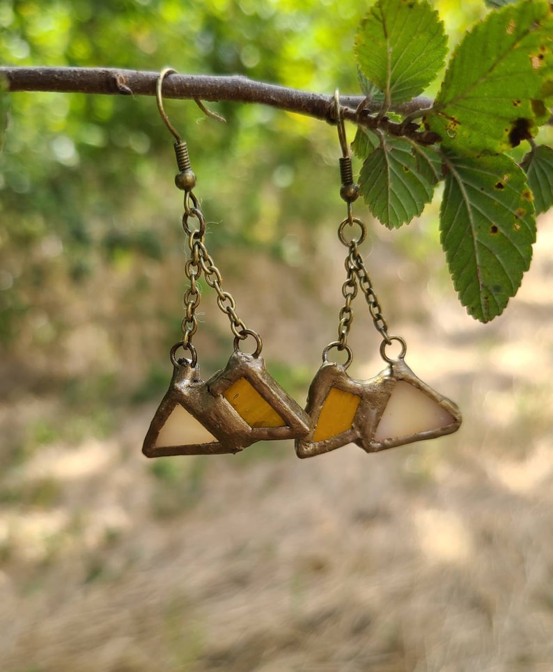 Statement Jewelry Bohemian Earrings Mountain Top Earrings Stained Glass Earrings Mountain Earrings Earthy Earrings Triangle Earrings