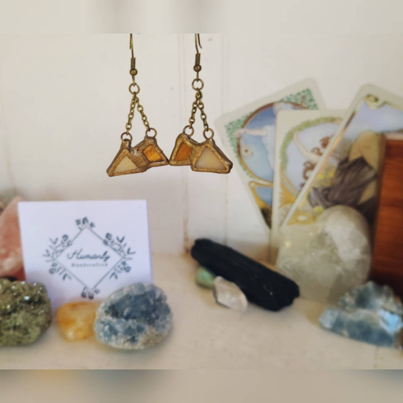 Statement Jewelry Bohemian Earrings Mountain Top Earrings Stained Glass Earrings Mountain Earrings Earthy Earrings Triangle Earrings
