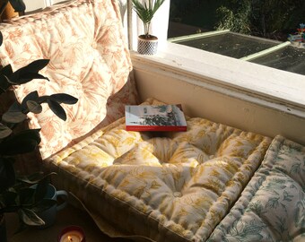 Hand Stitched Linen Floor Cushion: British Wool Fill, French Design