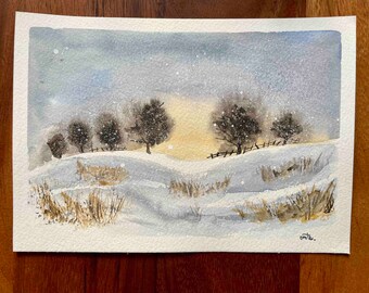 Paysage d'hiver | aquarelle originale - PAS D'IMPRESSION | Paysage enneigé