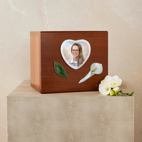 Wooden Cremation Urn - Calla Lilly  + Leaf
