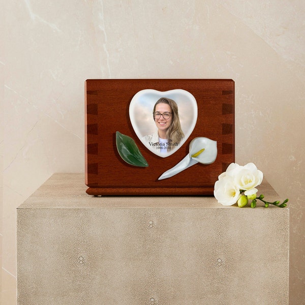 Wooden Cremation Urn - Calla Lilly  + Leaf